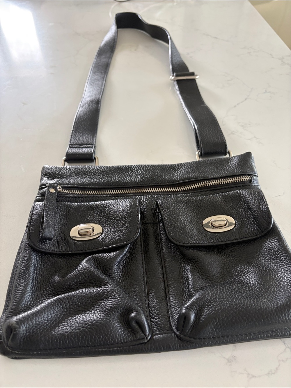 Black Pebbled DANIER Leather Crossbody Bag with Front Pockets